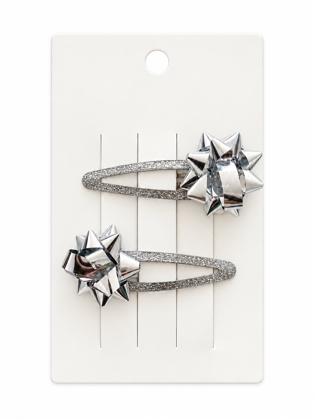 Two Silver Christmas Gift Wrap Bow Coquette Coated Metal Snap Clip Barrette Pair
